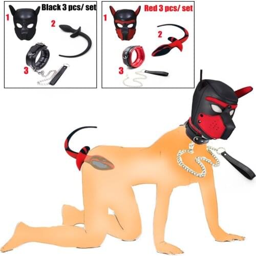 SM Sex Slave Game Pup Neck Collar With Leash,Fetish Pet Role Play Hood Mask,Dog Tail Plug,Bdsm Bondage Puppy Play Set,Erotic Toy