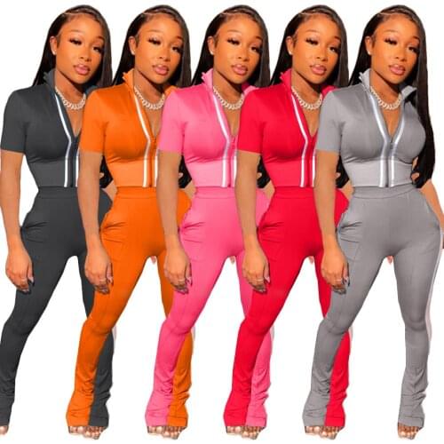 Activewear Athletic Workout Patchwork Tracksuits Front Zipper Lapel Short Sleeve Tops Tight Long Pants Legging Outdoor Outfits