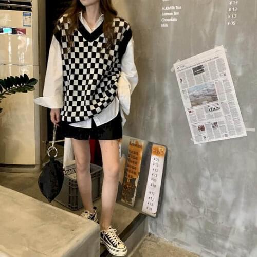 2021 Spring Autumn V-neck Sleeveless Sweater For Women Vest Vintage Tops Harajuku Japanese Fashion 90s Clothes Oversize Plaid