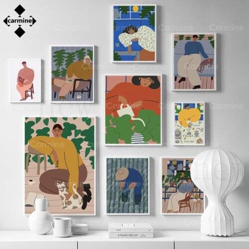 Unique Decor Vintage Abstract Poster Boy Girl with Cat Print Nordic Colorful Plants Canvas Painting Living Room Wall Art Picture