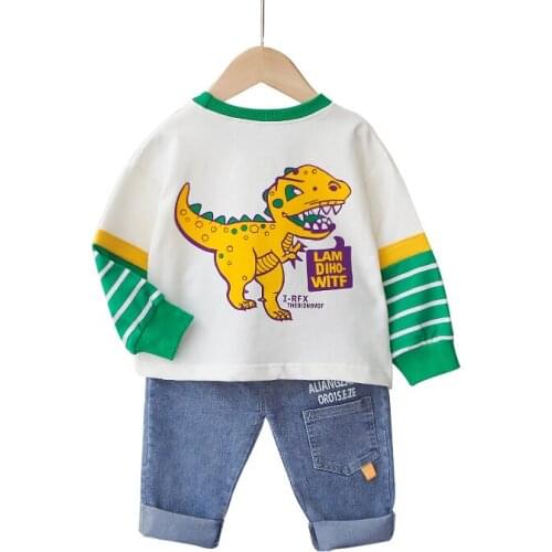 Baby boy spring and autumn new cotton sweater trouser suit boy cute letter cartoon dinosaur striped sweater boy jeans suit