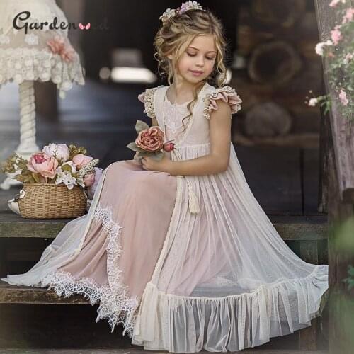 Vintage Pink Flower Girl Dress Lace Two Pieces Princess Birthday Wedding Party Girl Dresses Cute Kid Communion Gown