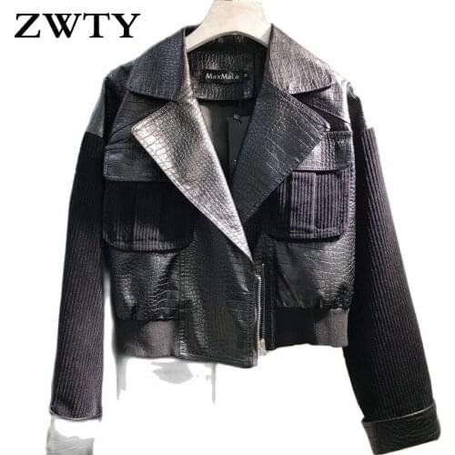 ZWTY Women stripes Stitching Faux PU leather jacket Women Autumn Short Plus size motorcycle Biker leather coat Female Streetwear