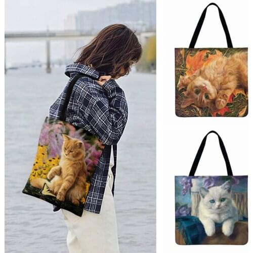 Ladies Shoulder Bag American Pastoral Kitten Oil Painting Printed Tote Bag For Women Casual Tote Outdoor Shopping Bags Beach Bag