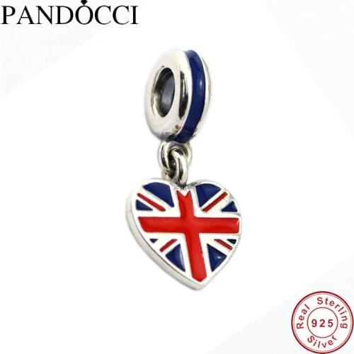 925 Sterling Silver Jewelry Great Britain Heart Flag Red and Blue Enamel Chamrs Beads Fits Bracelets For Jewelry Making QANDOCCI
