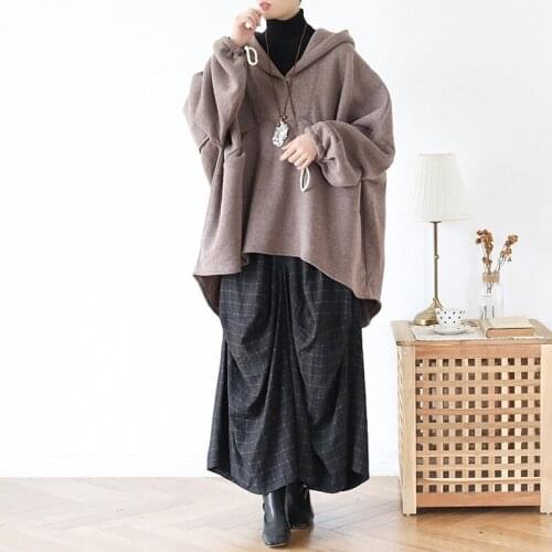 Johnature Women Hooded Bat Sleeve Sweatshirts Solid Color 2020 Winter Women Cloths Original Vintage Loose Sweatshirts