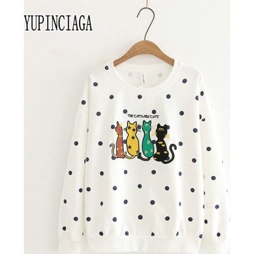 YUPINCIAGA Women Preppy Style Sweet Girl Pullovers Tracksuit Four Cartoo Cute Cat Embroidery O-Neck Long Sleeve Femme Sweatshirt