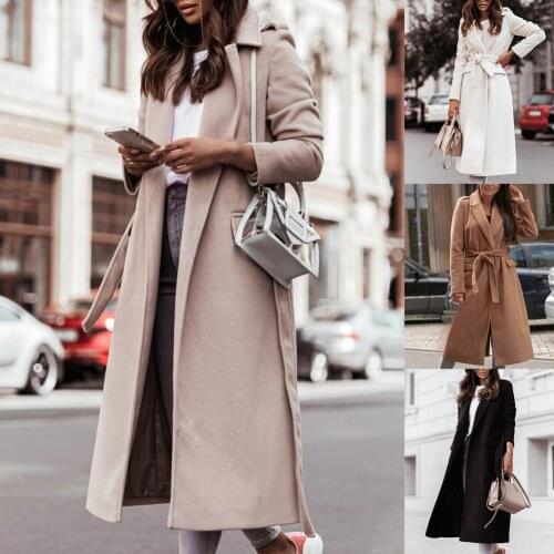 Autumn Winter Women Oversize Coat Ladies Long coat Solid Color Belt Turndown Collar Split Hem Long Coat Office Lady Streetwear
