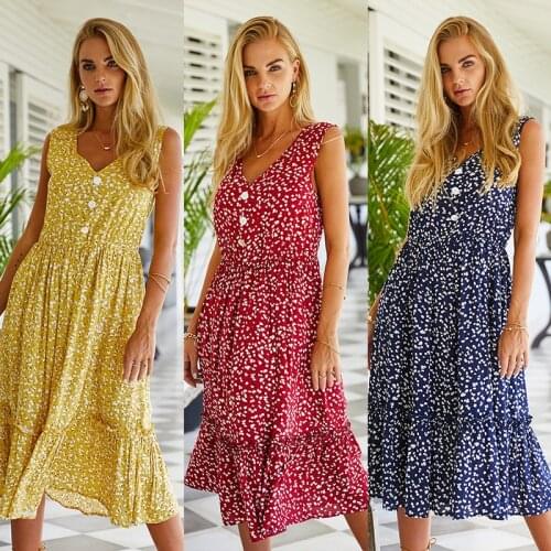 2021 Summer New Style Womens Fashion Beach Ruffled Bohemian V-neck Sleeveless Button Dress