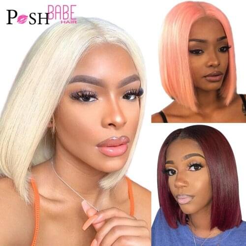 13x1 Red Color Bob Lace Front Wig 613 Blonde Short Straight Human Hair Wig Pink Lace Part Wig Remy Brazilian Hair Wigs for Women