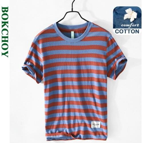 2021 Spring And Summer New Men Cotton Casual Striped Round Neck Short Sleeve T-Shirt Workwear Blue Brown Top GA-Z550