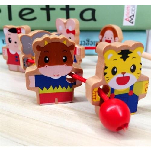 6 Pcs Wooden Puzzles Toys Doll Various Animal Tiger Rabbit Beads Toys Mini Around Beads Kids Educational Toys For Children