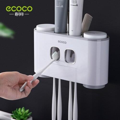 Ecoco Automatic Toothpaste Squeezer, Wall Mounted Toothpaste Dispenser, Punch-free Bathroom Toothbrush Holder with 4 Cups