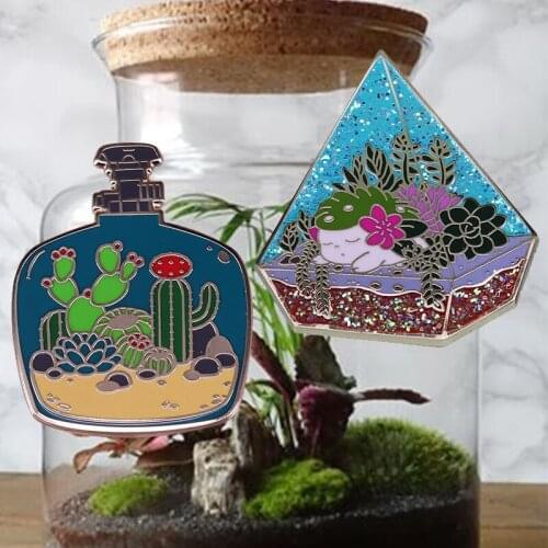 Terrarium Brooch desert Plant Cute Glitter sea flower Enamel Pin pot culture Badge Jewelry