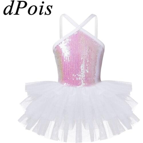 Ballet Tutu Dress Girls Kids Sleeveless Ballet Dance Dress Halter Sequins Ballet Dance Gymnastics Leotard Tutu Dress Dance Wear