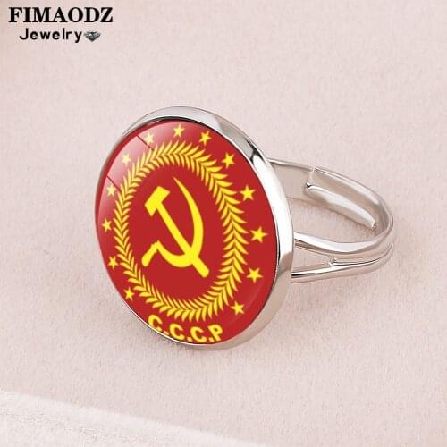 FIMAODZ USSR Soviet Ring Sickle Hammer CCCP Russia Emblem Communism Glass Round Rings Men Gift