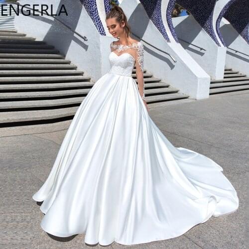 Jiayigong Classic Long Sleeves Satin Wedding Dresses Bridal Gown Applique Scoop White/ Ivory Vestidos De Noiva Wedding Dress