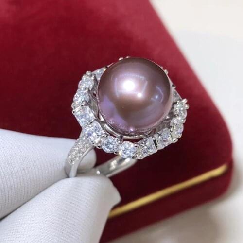 D411 Pearl Ring Fine Jewelry 925 Sterling Silver Natural 12-13mm Round Fresh Water Purple Pearls Rings for Women Presents