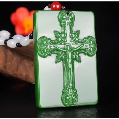 Natural Green Chinese Hetian Jade Cross Pendant Necklace Fashion Accessories Charm Jewelry Carved Amulet Gifts for Women Men