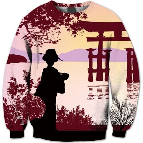 REAL American US SIZE Geisha and Mount Fuji Sublimation Print Plus Size Crew Neck Sweatshirt