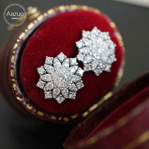 Aazuo Real 18K White Gold Real Diamonds 0.90ct Fairy Sun Flower Stud Earrings gifted for Women Engagement Wedding Party Au750