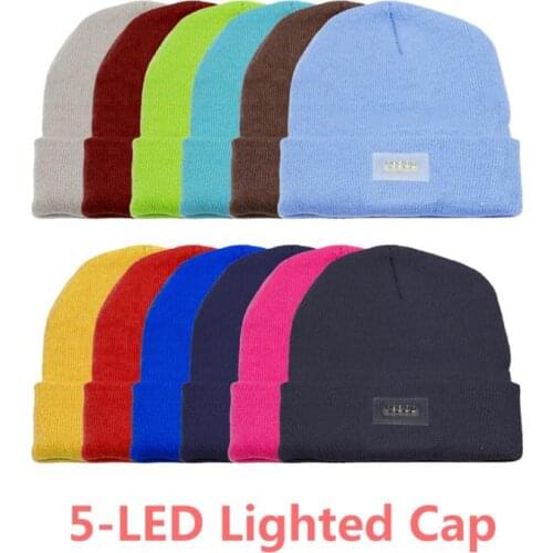 5 LED Lighted Cap Warm Beanies Hands Free Fishing Running Beanie Hat Flash Headlight Camping Caps Button with Battery Hip Hop Ha