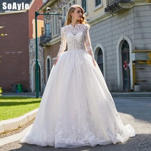 SoAyle #29764 High Neck Long Sleeves Lace Wedding Dress Beading Ball Gown Wedding Dresses Plus Size Vestido De Novia