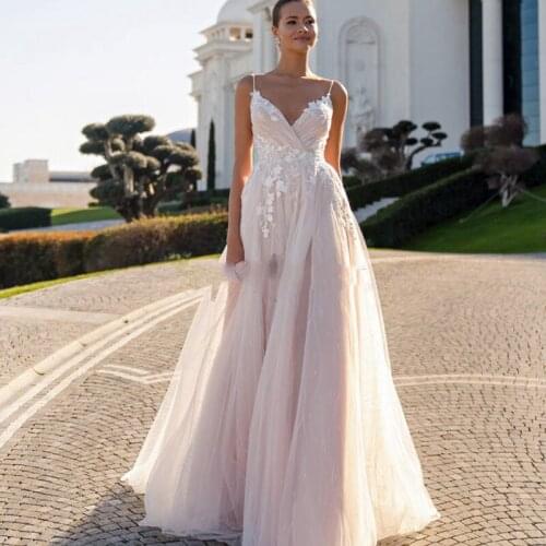 Princess Wedding Dress Beach Bride Gown V neck Bohemian Spaghetti Straps White Tulle Applique A Line Vestido De fiesta de boda