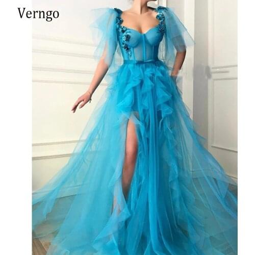 Verngo Modest Lake Blue Tulle Long Prom Dresses 2021 Sweetheart Boning 3D Flowers Ruffles Skirt Slit A Line Evening Gowns