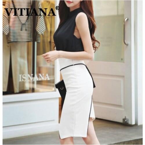 VITIANA Women Formal Office Sleeveless Clothes 2020 Summer Fashion Female Elegant Womens Knee-Length Skirt OL Femme