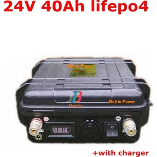 Waterproof Portable 24V 40Ah LiFePO4 battery BMS 8S for 1200w motor Fishing boat Light wheelchair backup power + 5A charger