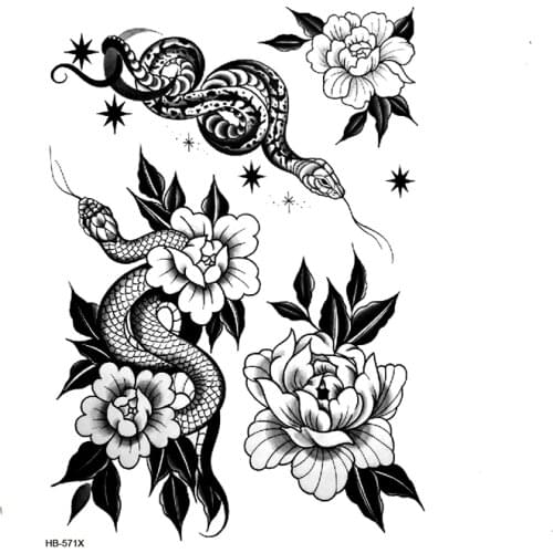 Snake Rose Flowers Waterproof Temporary Tattoo Sticker Tatuagem Beauty Snake Woman Tatoo Kids Art body Stickers Henna Tattoos