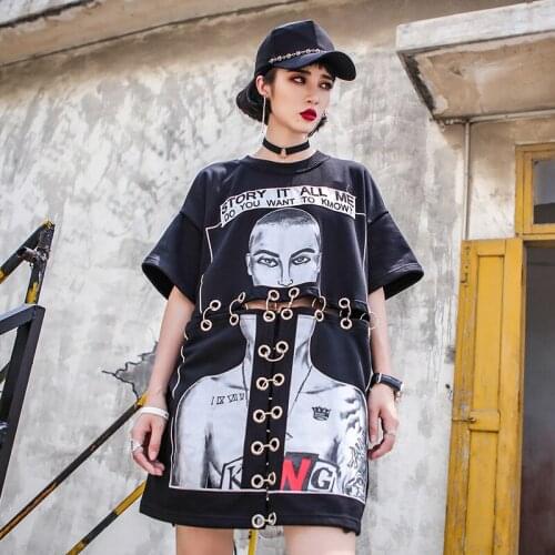 2021 Summer New Women T-Shirt Tops Loose Large Size Trend Stitching Character Print T-Shirt Fashion Street Women Tops Black
