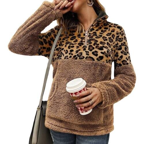 Women Furry Fleece Leopard Print Sweatshirts Autumn Winter Stand Collar Long Sleeve Patchwork Pocket Loose Plush Pullover Coats