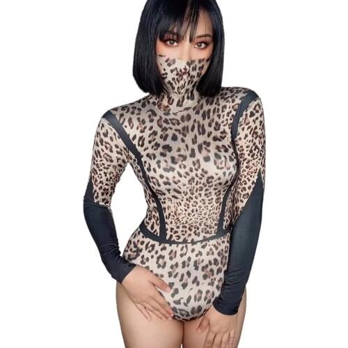 Womens Leopard Printing Costumes Neck-Mounted Long Sleeve Bodysuits Ladies Nightclub Performance Clothing Stage Wear Lady
