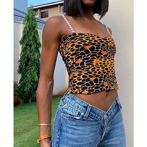 Ladies Sexy Leopard Print All-match Vest Pearl Strap Backless Hollow Out Slim Womens Fashion Streetwear Tops 2021 Spring Summer