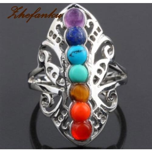 Silver Plated 7 Chakra Healing Hollow Thumb Reiki Natural Stones Ring For Women Adjustable Ring Boho Jewelry