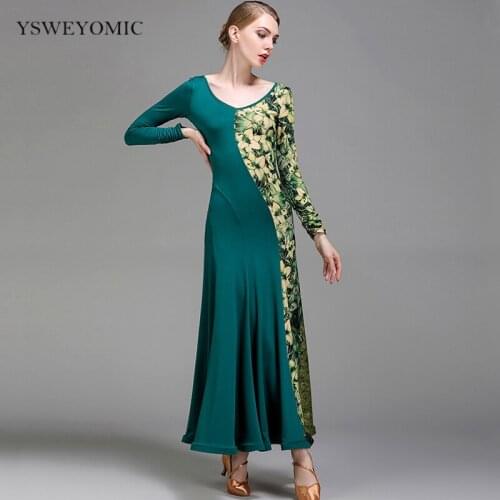 Free Shipping Women Waltz Ballroom Practice Dance Dress On Sale Green Yellow cotton Standard Dance Wear Dress For Girls