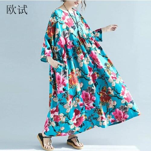 Plus Size Floral Print Cotton Linen Maxi Dress 2020 Boho Flower Dresses For Women 4XL 5XL 6XL 7XL Summer Oversized Long Dress