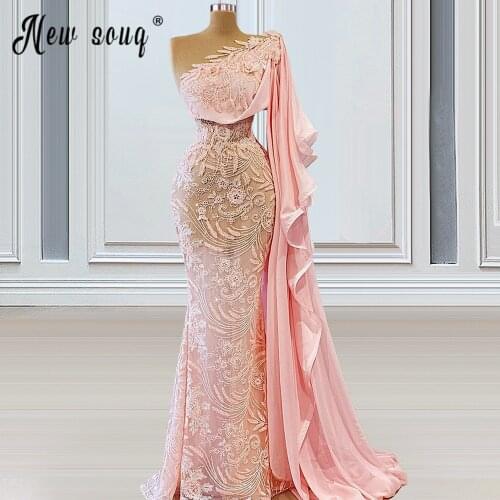 Dubai Pink One Shoulder Lace Appliqued Evening Dress with Long Sleeve Mermaid Prom Dresses for Wedding Graduation Party Gowns