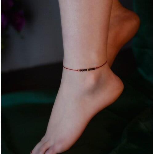 ZHIXI Natural Garnet Anklet Real 18K Gold Ball Hand Woven Adjustable Red String for Women Fine Jewelry Gift S528
