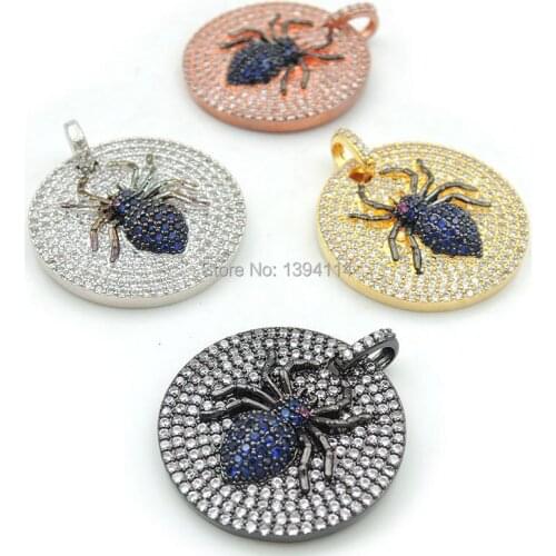 24*24*4mm Micro Pave Clear&Blue&Fuchsine CZ Round Of Spider Relief Charms Fit For Making Necklaces Jewelry