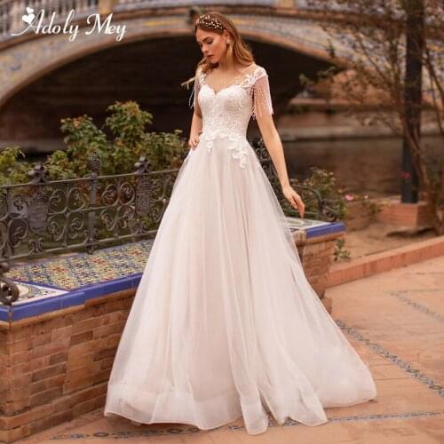 Adoly Mey New Luxury V-Neck Beaded Bride A-Line Wedding Dress 2020 Graceful Appliques Cap Sleeve Bohemian Bridal Gown Plus Size