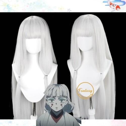 Anime Demon Slayer Kimetsu No Yaiba Cosplay Spider White Wig Synthetic Hair Halloween Party + Free Wig Cap