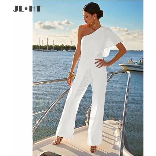 White Jumpsuit One Shoulder Evening Dresses Long Prom Gown Half Sleeve Chiffon Evening Gowns Custom Made