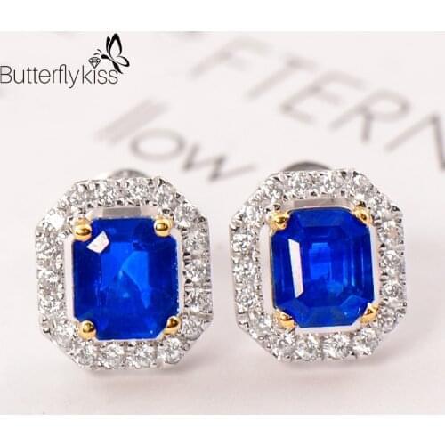 BK 18k Genuine Gold 585 Stud Earrings Natural Sapphire Gemstone 2g White Gold Wedding Party Engagement Fine Jewelry For Women