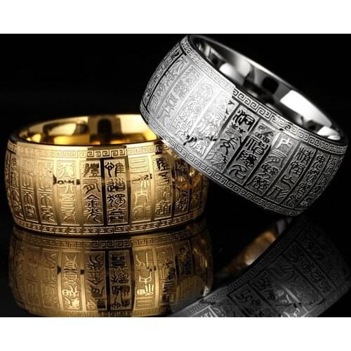 Buddhist Titanium Steel Ring Gold Plated Scripture Mantra Ring Punk Mens Amulet Jewelry Party Accessories Blessing Gift