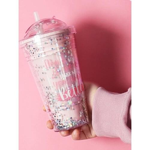 Candy Color 420ML Water Bottle for Girls Cute Star Sequin Double Pink Drinking Bottles with Straw