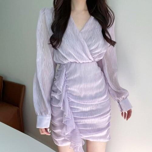 Korean Chic Temperament Elegant Slim V-neck Pleated Long-sleeved Ruffles Dress Mini Purple Wrap Hip Robe Sexy Vestidos Gentle