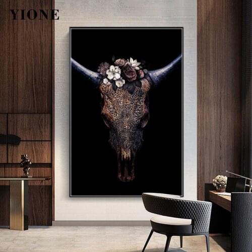 Brown Antique Flower Sheep Skull Canvas Painting Vintage Animal Fossil Engravd Art Prints Wall Poster Picture for Office Room
